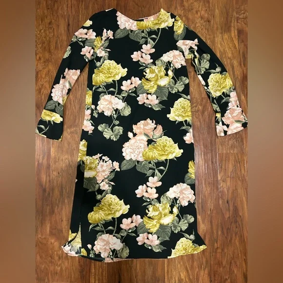 Floral Print Midi Dress With Long Sleeves Giant Flowers Floral Print - Picture 1 of 9